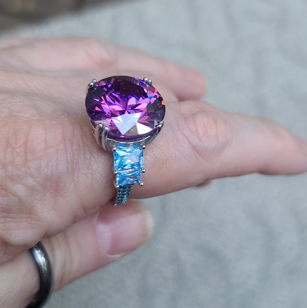 STUNNING HUGE Amethyst & Aquamarine Sterling cocktail ring sz8.5 💍 - Picture 7 of 13